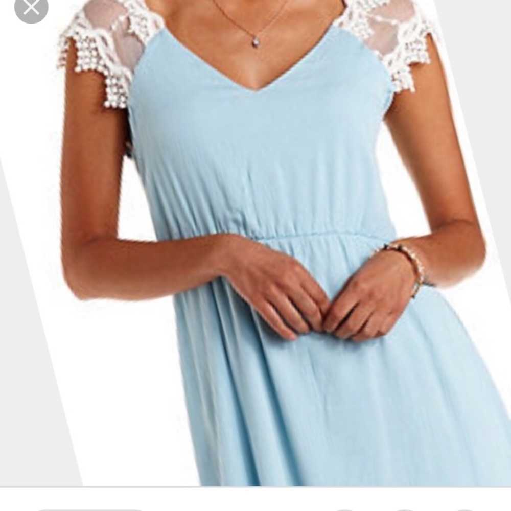 Blue dress with white lace straps